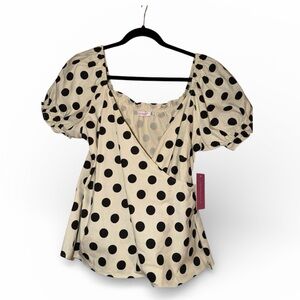 Brand New Shoe Dazzle Black & White Polka Dot Puff Sleeve Wrap Top